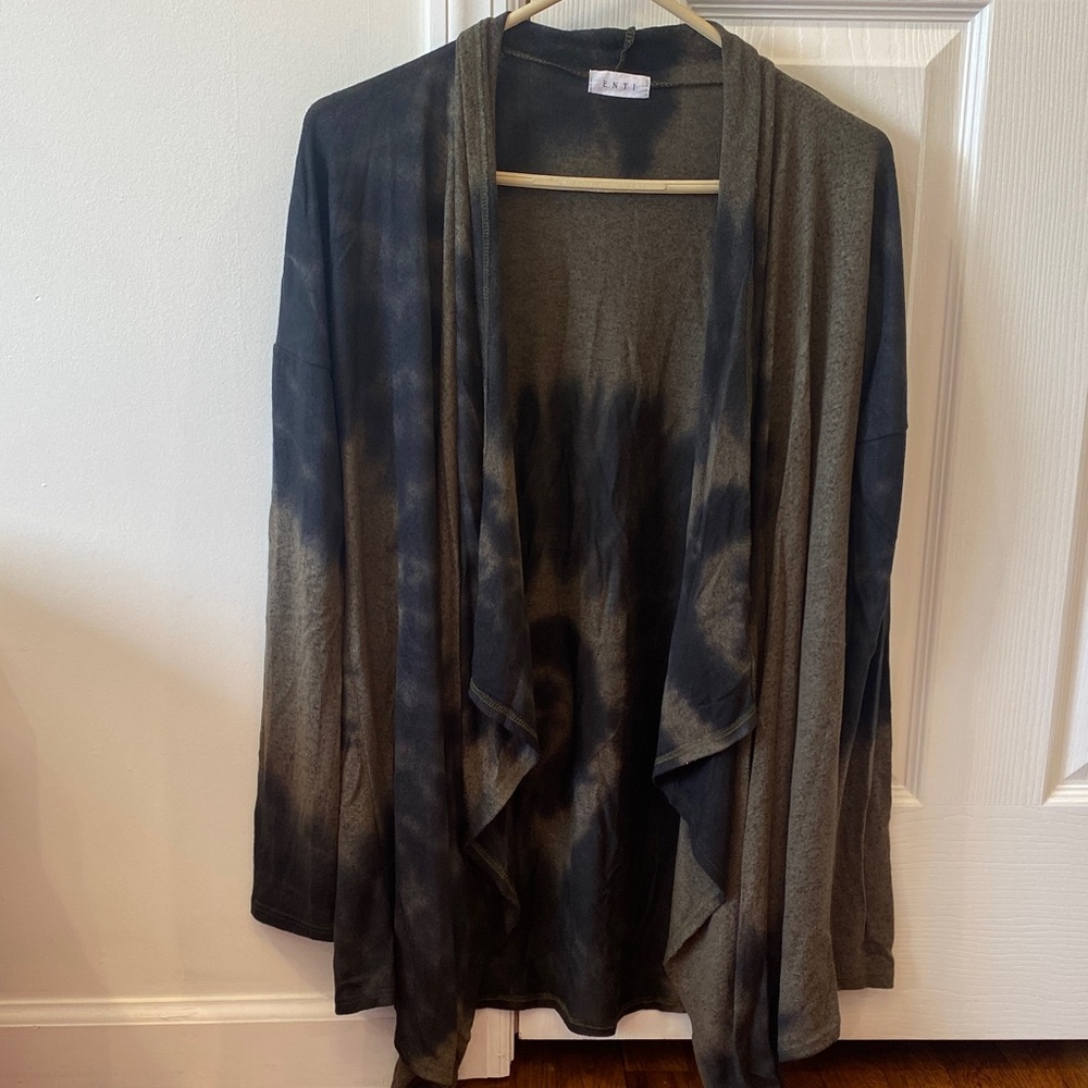 Elegant Black and olive tie dye Open Front Cardigan